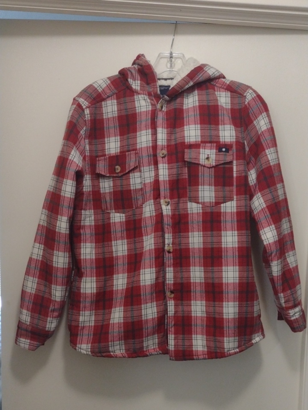 Lucky Brand Red and White Plaid Hooded Button-Down Shirt (J893)